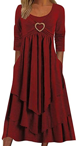 Robe Boheme Femme Manches Longues- Robe Longue Femme Col Rond Casual Couleur Unie Ample Coeur Swing Irrégulier Volants Plissée Fluide Chic Et Élégants Confortable Doux Élasticité Dress