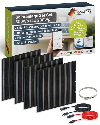 SCHWAIGER Balkonkraftwerk Slim‑Line 4er Set mit 800 Wp Glas Solarpanels I 4x 200 Wp monokristalline, ultraflache & leichte Solarmodule I inkl. Anschlusskabel & Zubehör I Plug & Play Solaranlage