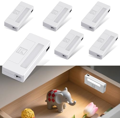 Alinana Drawer Light When Open, 6-Pack Stick-On Cupboard Lights | Battery Operated Cabinet Lights with Door-Open Sensor for Drawers, Pantry, Kitchen, Wardrobe, Study Cabinets, Nightstand
