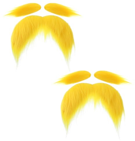 2 Sets Moustache and Eyebrows, Funny Fake Beard, Glue-On Schnauzer, Fake Beard Eyebrow Sets for Halloween, Christmas, Party, Cosplay, Accessories, Adults, Children (Yellow)
