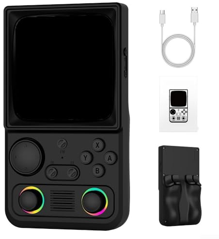 R36T MAX Retro Handheld Game Console with 4 Inch Curved Screen, 20000 Preloaded Games, WiFi Connectivity, Dual Joystick Controllers, 4000mAh for Travel Gaming, Brown(black)