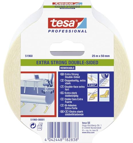 tesa 51960-00001-11 – Band zur Befestigung von Böden, doppelseitig, extra stark, Serie 51960 – 25 m x 50 mm
