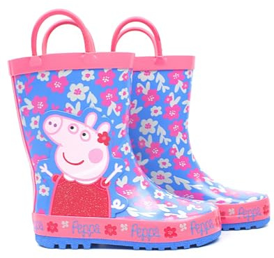 Peppa Pig Wellies For Girls | Childrens Flower Easy-On Handles Pink Blue Rain Welly Boots | Kids Gifts Merchandise