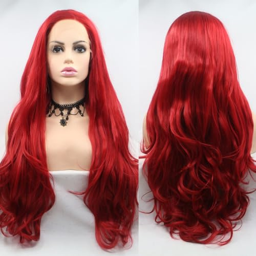 Xiweiya 13x3 Lace Hot Red Lace Front Wig Long Body Wavy Bright Red Hair Glueless Synthetic Lace Front Wigs Heat Resistant Fiber Replacement Wig for Women, Drag Queen Halloween Cosplay Wig 24 inch