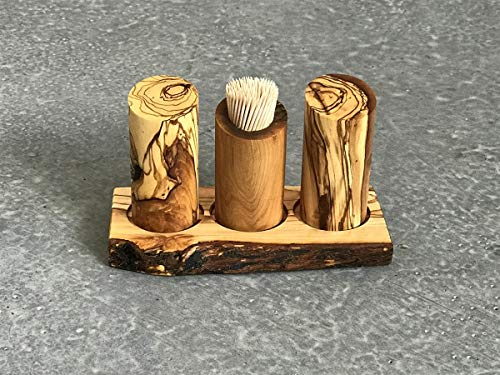Salero y pimentero de madera de olivo hecho a mano, palillo de dientes y soporte, 4 unidades