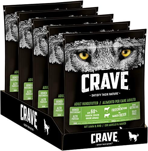CRAVE Premium Trockenfutter mit Lamm & Rind für Hunde – Getreidefreies Adult Hundefutter mit hohem Proteingehalt – 5 x 1 kg