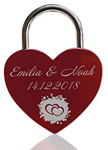 ELUNO Liebesschloss Herzschloss Schloss mit Gravur und Schlüssel I Valentinstags Geschenk für Sie Ihn Hochzeit I incl. Samtbeutel I Motiv Herz 0001 in Rot