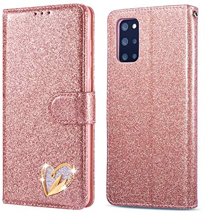 QLTYPRI Samsung Galaxy S20 Plus Hülle, Glitzer Handyhülle PU Ledertasche TPU Etui Handschlaufe Kartenfach mit Eingelegten Liebe Herz Diamond Flip Schutzhülle für Samsung Galaxy S20 Plus - Rosegold