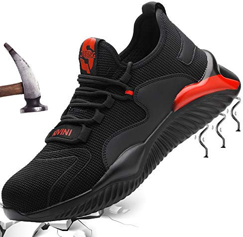 Mitudidi Sicherheitsschuhe Arbeitsschuhe Herren Damen Leicht Stahlkappenschuhe mit Stahlkappe Sportlich Schutzschuhe Atmungsaktiv rutschfest Schwarz Rot 39 EU