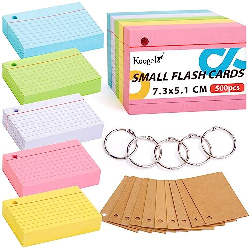 Koogel A8 Flashcards with Metal Rings, 500 Pack 5 Color Coded Index Cards for Office School Study, Ruled Revision Supplies 7.3x5.1cm
