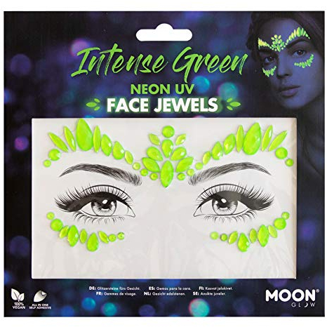 Moon Glow Neon-UV-Gesichtsjuwelen, Festival-Gesichts-Körper-Edelsteine, Kristall-Make-up-Augen-Glitzeraufkleber, temporäre Tattoo-Juwelen (intensiv) (Grün, 1 Stück)