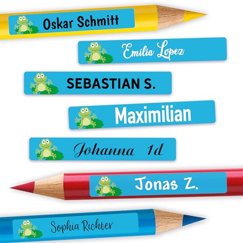 Sunnywall® Stifteaufkleber Frosch Namensaufkleber Kinder Schule 72 Stück Aufkleber für Stifte Namensetiketten Etiketten | schmale 49x7,5mm Kita Schulanfang