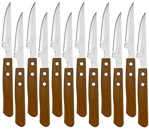 Juego de 12 Cuchillos chuletero de Mesa con Mango de Madera Natural, Cuchillo de Carne Acero Inoxidable - Hoja de Microdentado
