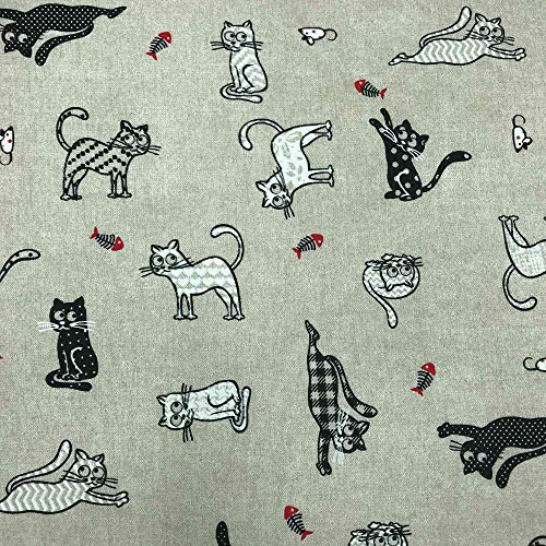 Kt KILOtela - Canvas Dekostoff, Home-Accessoires, Dekorationen, Tischdecken, Vorhänge, Kissen, Vorhänge, Taschen, Basteln, 100 cm Länge x 280 cm Breite, Katzen, Schwarz, Weiß, Rot – 1 Meter