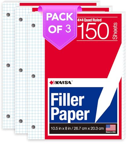 Kaisa Graph Paper Filler Paper USA-Made Bulk Wholesale Available 3 Pack 4x4 Quad Rule 3-Hole Punched Loose Leaf Paper 8x10.5 Filler Paper for 3-Ring Binder, 150 Sheets/Pack