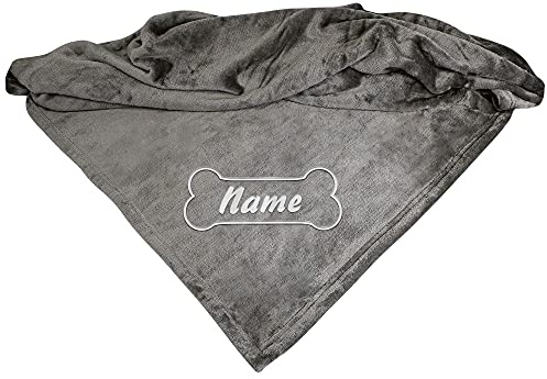 Schecker Bestickte Mikrofaserdecke Premium Hundedecke mit Hundenamen - Viele Farben - Viele Motive - bei 60 Grad Waschbar (Silbergrau, Knochen mit Hund)