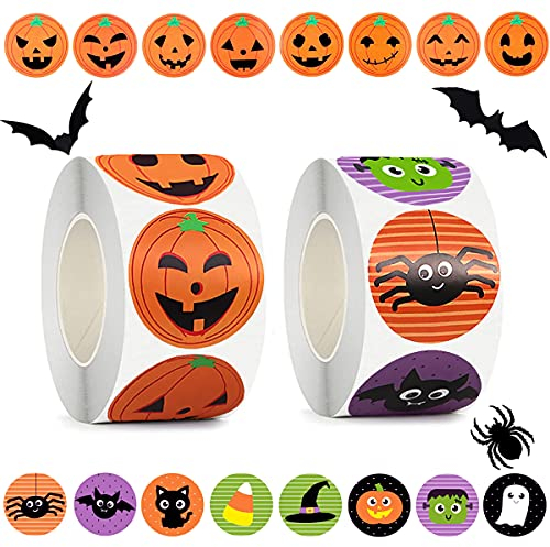Halloween-Aufkleber für Kinder, 1000 Stück Byhoo Halloween-Kürbis-Fledermaus-Spinnen-Aufkleber, Rolle, 16 lebendige Farben und Designs, runde Siegel-Etiketten-Aufkleber, Umschlag-Siegel-Aufkleber