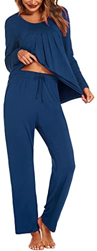 Ekouaer Pyjama Femme Hiver Vêtements De Nuit Chaud Pyjama 2 Pièces Manches Longues Survêtement, Bleu, L