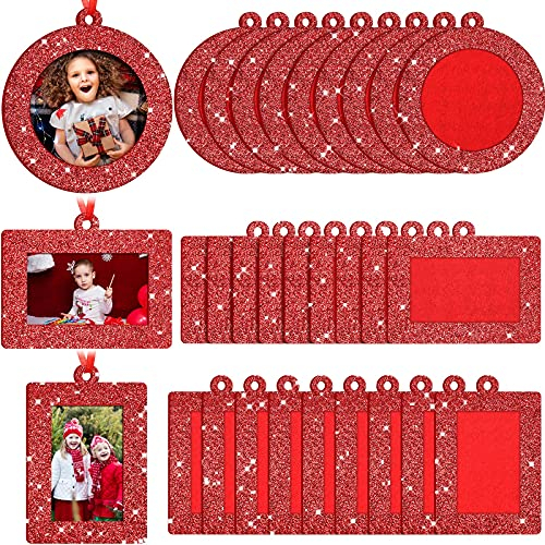 Jetec 30 Pcs Christmas Photo Frame Ornaments with Rope Mini Felt Hanging Picture Frame Round Square Rectangle Xmas Tree Decoration for Holiday Party Decor(Glitter)