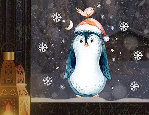 wolga-kreativ Fenster Fensterbilder Glasdekorfolie Motiv Fensterfolie Fenstertattoo Winter Weihnachten Advent Pinguin Schneeflocke Aufkleber Fenster Küche wiederverwendbar