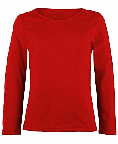 LUXE DIVA Girls Boy Kids Plain Basic Long Sleeve Round Neck T-Shirt Stretch School Tee Top 2-13 Years Red