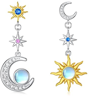 Sonne Mond Hängend Ohrringe mit Zirkon 925 Sterling Silver Mondstein Dangling Ohrringe Exquisite Schmuck für Frauen (Sonne und Mond)