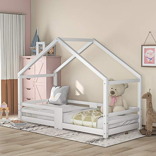 TOPCHANCES Kinderbett Hausbett 90 x 200 cm, Holzbett für Kids, inkl.Tafel Lattenrosten Rausfallschutz, aus Kiefernholz, für Kinder,Grau (ohne Matratze) (White B)