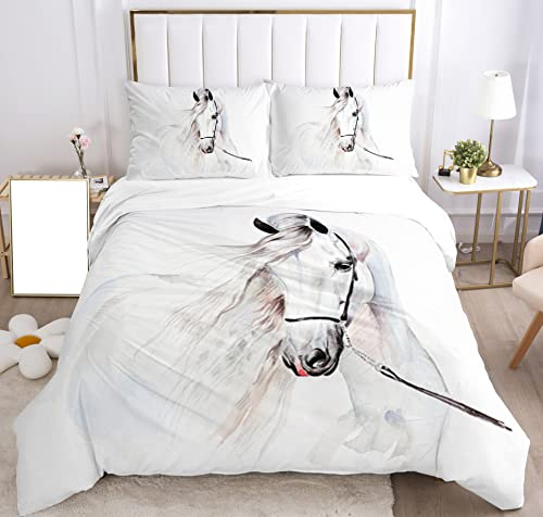 SHUAIG Housse de Couette Cheval pour Les Chevaux 3D Printing, Enfants en Lin Set Animal Chevaux Moteur Microfibre Couverture de lit Ensemble. (Blanc,135x200cm)