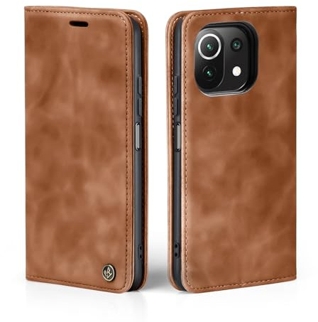LBH Handyhülle für Xiaomi Mi 11 Lite / 11 Lite 5G in Hellbraun mit Karten- und Geldfach Smartphone Hülle mit Standfunktion Flip Case Schutzhülle Magnetverschluss Vintage