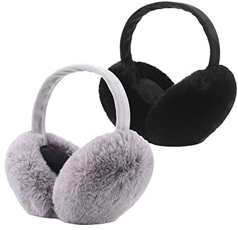 IHCEMIH 2 Pièces Cache-oreilles Femme Accessoires d'Hiver Peluche Moelleux Pliable Thermique pour l'Extérieur Ski Course Oreilles Protection Contre le Vent Froid Cadeau pour Filles Adultes Noir Gris
