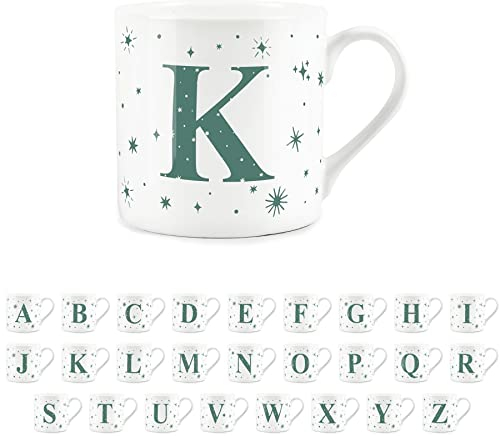 Purely Home Letter K Star Mug - Bone China White Coffee/Tea Present Gift - Alphabet Letter Mug with Stars in Teal Green Blue