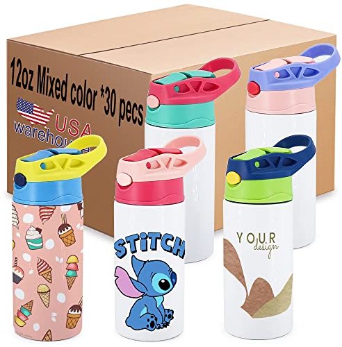 ZREGGUR Paquete de 30 tazas de agua para niños de 12 onzas de colores mixtos, termo de acero inoxidable, botella de agua para niños pequeños, a prueba de derrames con pajitas y tapas