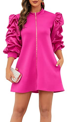 VERWIN Robe à manches volantées avec fermeture éclair sur le devant, robe de bal tendance, robe de cocktail, robe de fête, robe midi décontractée, Rose, XXL