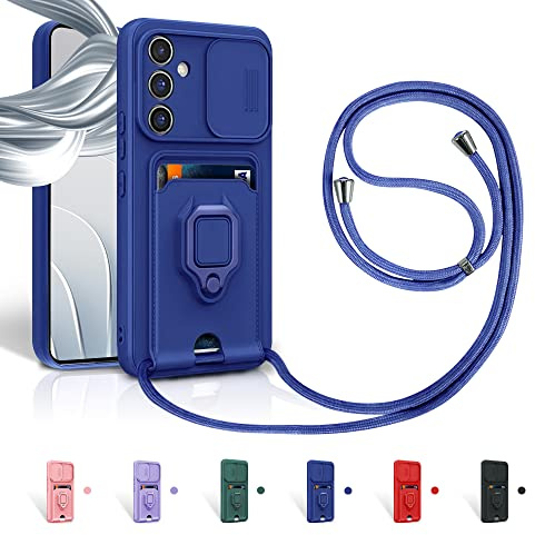 Aithne Cordon de Coque pour Samsung Galaxy A13 5G/A04S,Couvercle Coulissant de la Caméra+Support Annulaire à 360 Degrés,Fentes pour Cartes Lanyard Silicone Case -Bleu