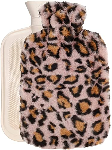 OliviaLiving Wärmbeutel, Wärmflasche, 2 Liter, zum Aufwärmen und Wiedereinfrieren, mit Plüschbezug mit Leopardenmuster, zur Schmerzlinderung, Heißkältetherapie