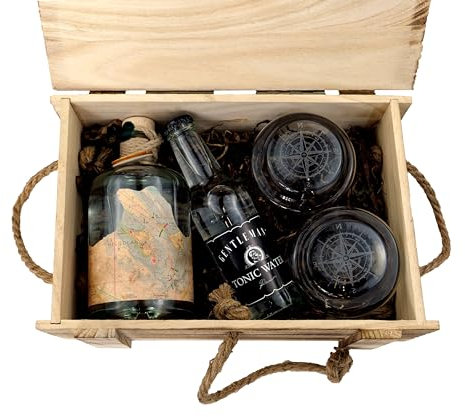 Navis Gin Geschenkset – 0,5L Premium Gin (ADRIA, NORDSEE oder OSTSEE) mit 1 Flasche Gentleman's Tonic & 2 Gläsern mit Kompass-Gravur – Nachhaltig verpackt in maritimer Holzkiste (Navis Gin - ADRIA)