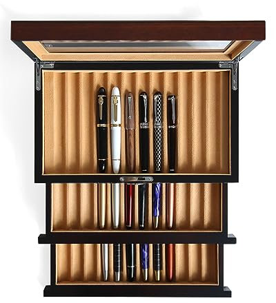Besforu Wood Pen Display case 36 Slot Fountain Pen Box Storage Organizer with Drawer, Top Glass Window Pen Collection Display Case