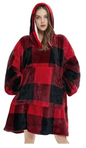 KLKIT Übergröße Pullover Decke für Damen/Herren Karomuster Tragbare Hoodie Decke Warmer mit Ärmeln und Taschen,Gemütlicher Langarmshirt größe Pullover-größe Karo