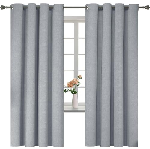 YSTELLAA 100% Gardinen Blickdicht 2er Set, 140×160cm,Thermovorhang Leinenoptik Kälteschutz, Schallschutz Gardinen Mit Ösen, Verdunklungsvorhänge Wohnzimmer, Schlafzimmer, Hellgrau