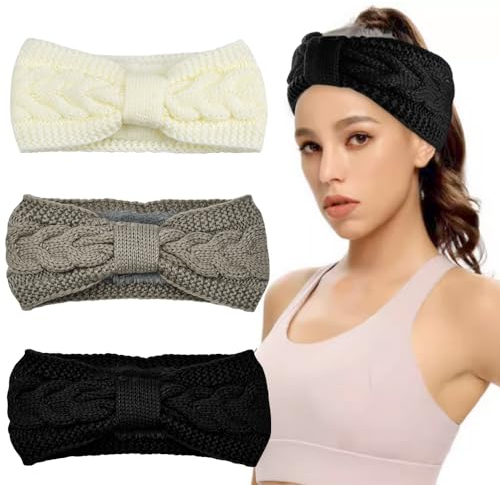 INFOMAG Winter Stirnband Haarband Frauen damen 3 Stück Häkelarbeit Stirnbänder Damen Winter Verdicken Elastische Kopfband Gestrickte Stirnband Mädchen Ohrenwärmer Headwrap für Wandern Jogging Laufen