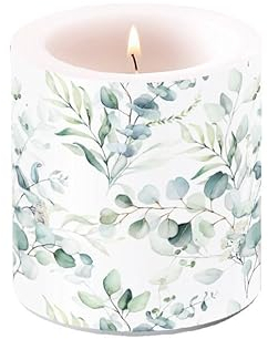 Ambiente Vela de flores y hojas de eucalipto como decoración de mesa. Vela redonda pequeña para mesa de 7,5 x 9 cm de diámetro