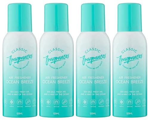 Classic Fragrances 4 Pack Ocean Breeze - Sea Salt, Fresh Air & Ocean Aroma Air Freshener Spray - For Home & Vehicles – Long Lasting Smell, Portable Spray Can – Deodorise & Neutralise Odours – 125ml