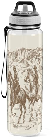 Bouteille d'eau de sport Western Desert Cowboy Tritan avec paille 1000 ml sans BPA transparente anti-fuite pour enfants, garçons, filles, femmes, hommes, gym, école