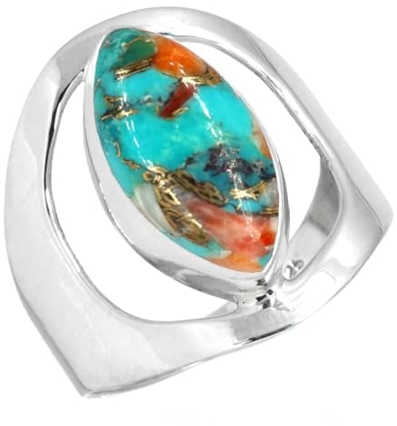 Jeweloporium Multicolor Spiny Oyster Silberring Größe 50 (15,9), 925 Sterling Silber Ring für Damen, Natürlicher Marquise Stein Boho Schmuck