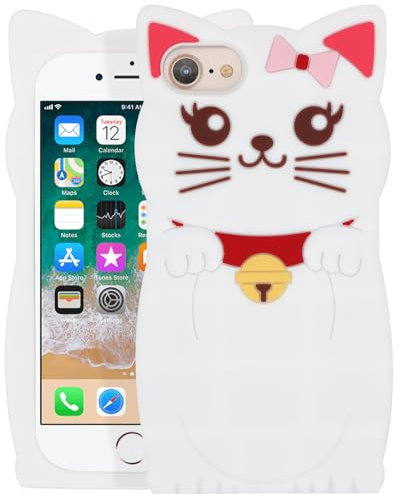 Mouzor Cute White Cat Kitty iPhone SE 2020/ SE 2022 Case, Animal iPhone 7/8 Case, Kitten Kawaii Funny 3D Cartoon Soft Silicone Shockproof Cover