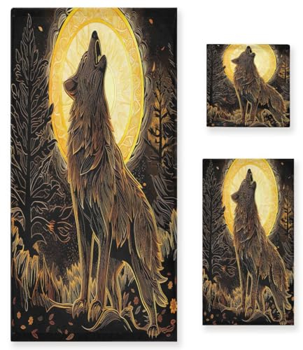 JUMBEAR 3-teiliges Handtuch-Set mit brüllendem Wolf, Baumwolle (1 Badetuch, 1 Handtuch, 1 Waschlappen) für Badezimmer, super weiche und schnell trocknende Handtücher