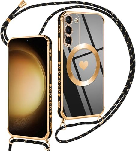 Oelrstfe Coque Magnétique pour Samsung Galaxy S23 Plus 5G avec Cordon, Housse Étui Compatible avec MagSafe Motif Coeur Case avec Collier Lanyard Réglable Mince Souple TPU Silicone Camera Antichoc,Noir