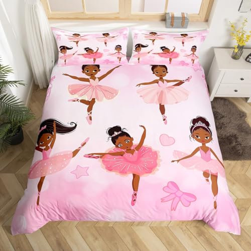 Homewish Housse de Couette 220x240 Danseuse, Parure de Lit Mignonne Petite Princesse Danseuse, Ensemble de Literie Fille Noire pour Filles, Housse Couette Magique pour Enfants Ados, Rose