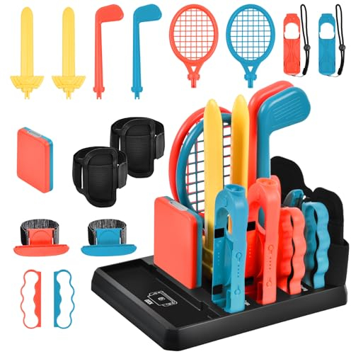 JONRRYIN Switch Sport Zubehör Set, 16 in 1 Switch Sport Spielzubehör Kit mit Switch Tennis Schlägern, Golf Schlägern, Schwertern, Handgelenkriemen, Beinriemen für Switch OLED Sportspiele