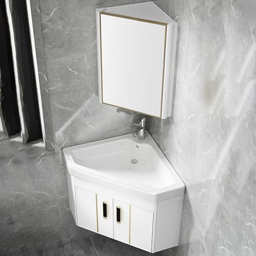 LLYLAFDC Lavabo Triangle Mural en Céramique, Évier d'angle Meuble De Rangement avec Lavabo, Lave Main Céramique Blanche,Meuble Lave Main d'angle, Meuble De Salle De Bain(48cm)